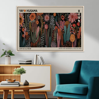 28344895-MGV-CV-36X24-Dark Floral Abstract Wall Art Poster – Modern Botanical Canvas Print with Beige Border, Kusama Inspired Boho Flower Painting,