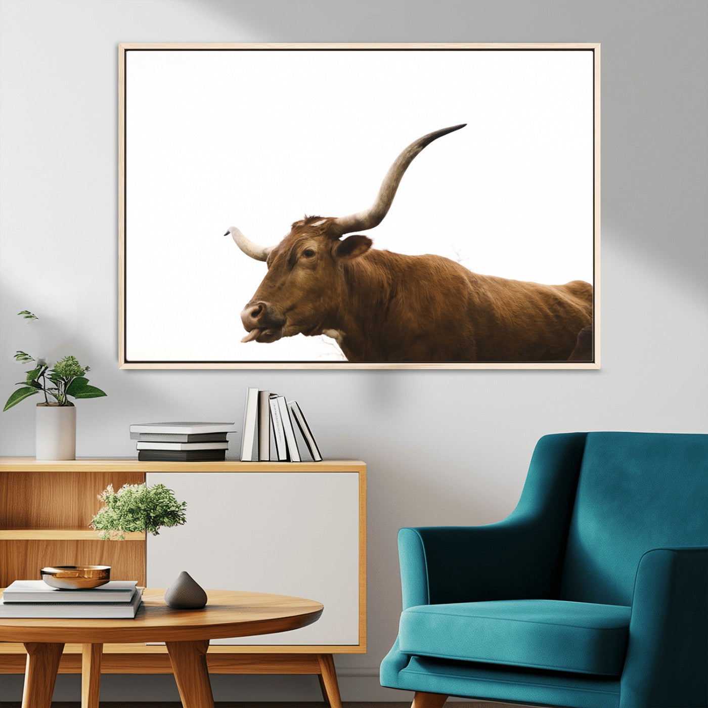 62566114-MGV-CV-36X24-Longhorn Cow Art Wall Art Canvas Print, Framed Rustic Animal Decor Art Picture Print, Texas Bull Photo Perfect Rustic Farmhouse
