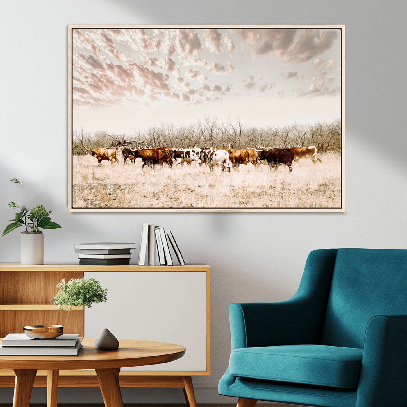 57389417-MGV-CV-36X24-Cow Herd Photography Wall Art Canvas Print, Framed Rustic Farmhouse Decor Art Picture Print, Western Ranch Style Perfect Rustic