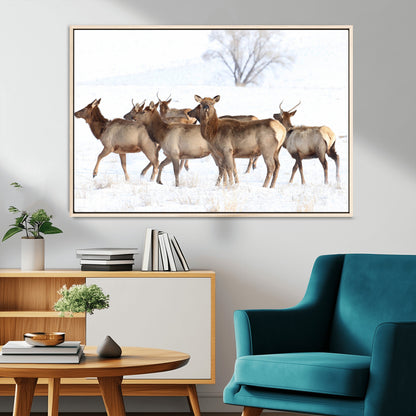 68738684-MGV-CV-36X24-Winter Elk Scene Wall Art Canvas Print, Framed Wildlife Photography Art Picture Print, Snowy Deer Decor Perfect Rustic Lodge Decor
