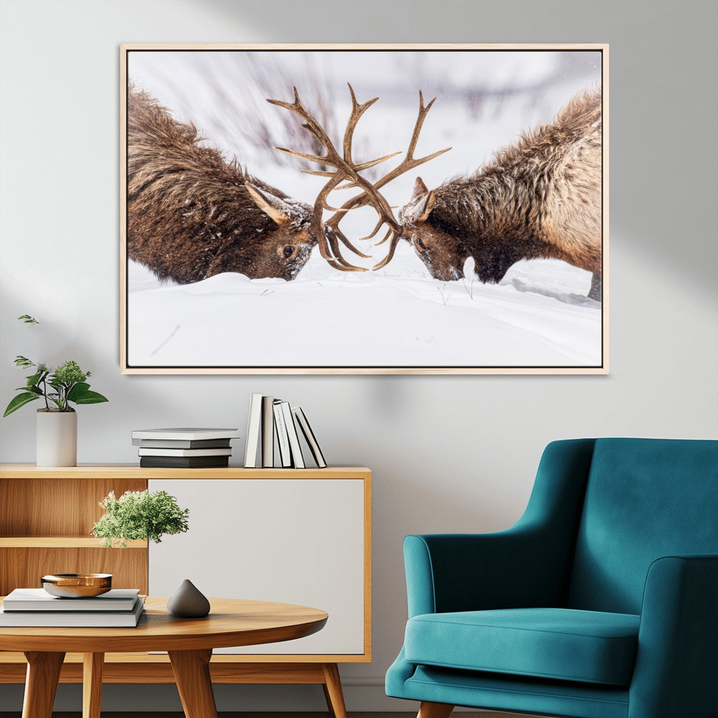 36507609-MGV-CV-36X24-Elk Clash Scene Wall Art Canvas Print, Framed Wildlife Strength Decor Art Picture Print, Snowy Forest Elk Perfect Rustic Lodge