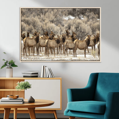 90269422-MGV-CV-36X24-Elk Herd Scene Wall Art Canvas Print, Framed Rustic Wildlife Decor Art Picture Print, Western Cabin Style Perfect Rustic Lodge