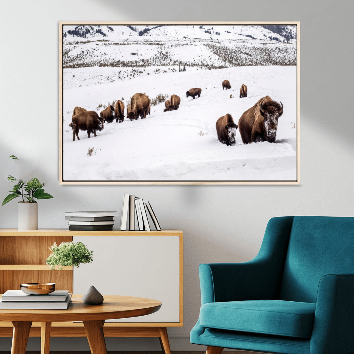 13891210-MGV-CV-36X24-Bison Herd Scene Wall Art Canvas Print, Framed Western Wildlife Decor Art Picture Print, Snowy Mountain Valley Perfect Rustic