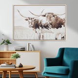 48161868-MGV-CV-36X24-Longhorn Cow Decor Wall Art Canvas Print, Framed Rustic Cattle Art Picture Print, Sepia Western Vibe Perfect Neutral Rustic