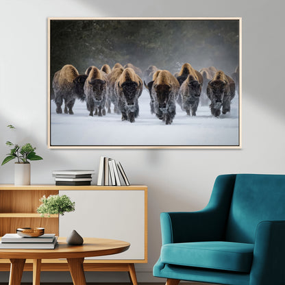41669135-MGV-CV-36X24-Bison Herd Scene Wall Art Canvas Print, Framed Rustic Wildlife Decor Art Picture Print, Snowy Bison Landscape Perfect Rustic