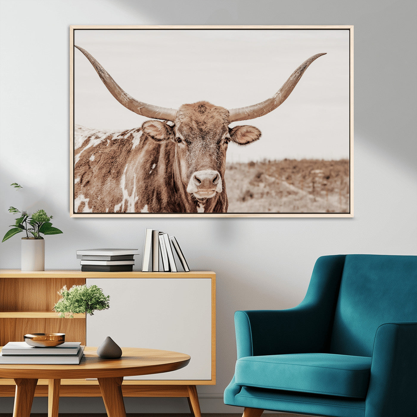 77810049-MGV-CV-36X24-Longhorn Bull Photo Wall Art Canvas Print, Framed Rustic Cow Decor Art Picture Print, Neutral Farmhouse Style Perfect Rustic