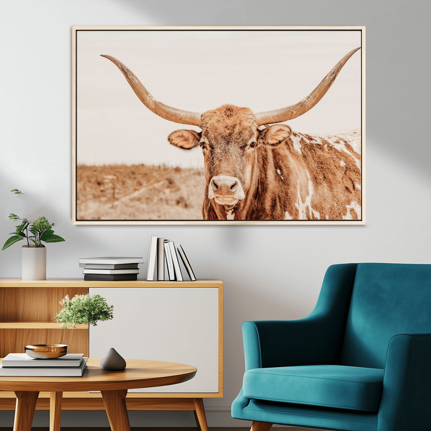 74406977-MGV-CV-36X24-Longhorn Bull Decor Wall Art Canvas Print, Framed Western Cow Theme Art Picture Print, Rustic Farmhouse Wall Perfect Neutral