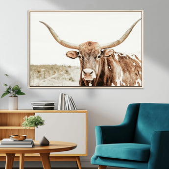 98924580-MGV-CV-36X24-Texas Longhorn Bull Wall Art Canvas Print, Framed Rustic Farmhouse Decor Art Picture Print, Western Animal Theme Perfect Rustic
