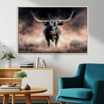 71457818-MGV-CV-36X24-Longhorn Wall Art Wall Art Canvas Print, Framed Western Bull Canvas Art Picture Print, Rustic Cow Decor Perfect Western Dramatic