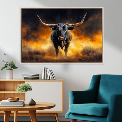 58293979-MGV-CV-36X24-Longhorn Canvas Wall Art Canvas Print, Framed Bold Bull Wall Art Art Picture Print, Western Animal Decor Perfect Western Dramatic