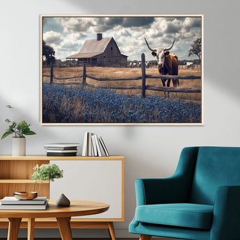51092814-MGV-CV-36X24-Texas Longhorn Wall Art Wall Art Canvas Print, Framed Rustic Barn Canvas Art Picture Print, Farmhouse Cow Decor Perfect Rustic