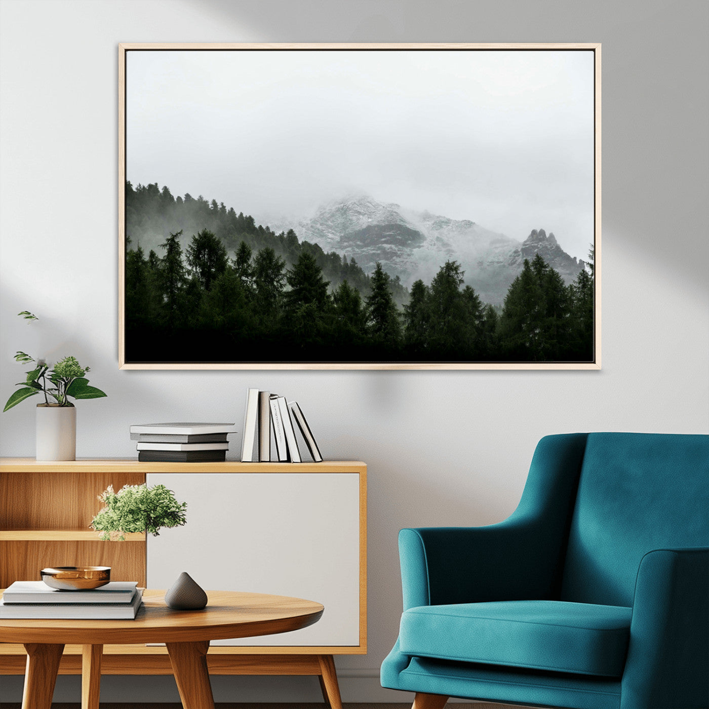 55968349-MGV-CV-36X24-Misty Mountains Wall Art Canvas Print, Framed Foggy Forest Art Picture Print, Snowy Peaks Perfect Moody Wilderness Decor Artwork