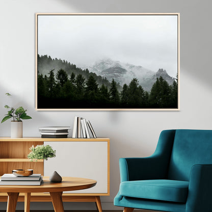 55968349-MGV-CV-36X24-Misty Mountains Wall Art Canvas Print, Framed Foggy Forest Art Picture Print, Snowy Peaks Perfect Moody Wilderness Decor Artwork