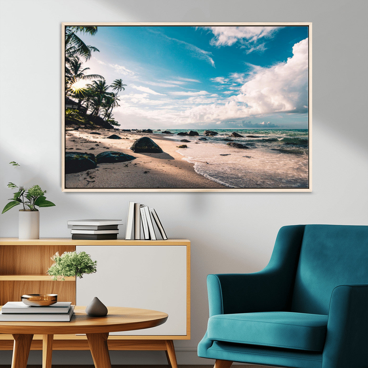 95301406-MGV-CV-36X24-Tropical Beach Wall Art Canvas Print, Framed Ocean Waves Art Picture Print, Relazxing Seascape Perfect Tropical Coastal Decor