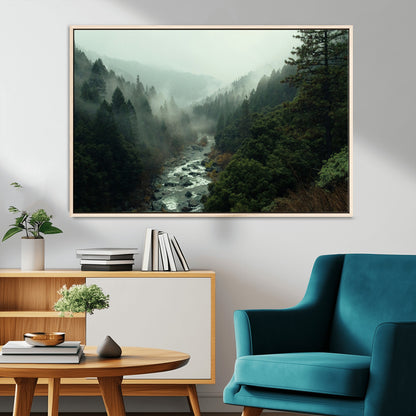 48497565-MGV-CV-36X24-Misty Forest Wall Art Canvas Print, Framed Foggy River Art Picture Print, Moody Landscape Perfect Moody Wilderness Decor Artwork