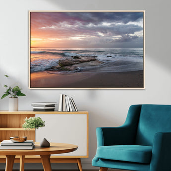 94208089-MGV-CV-36X24-Golden Hour Wall Art Canvas Print, Framed Tranquil Waves Art Picture Print, Beach Horizon Perfect Coastal Serenity Decor Artwork