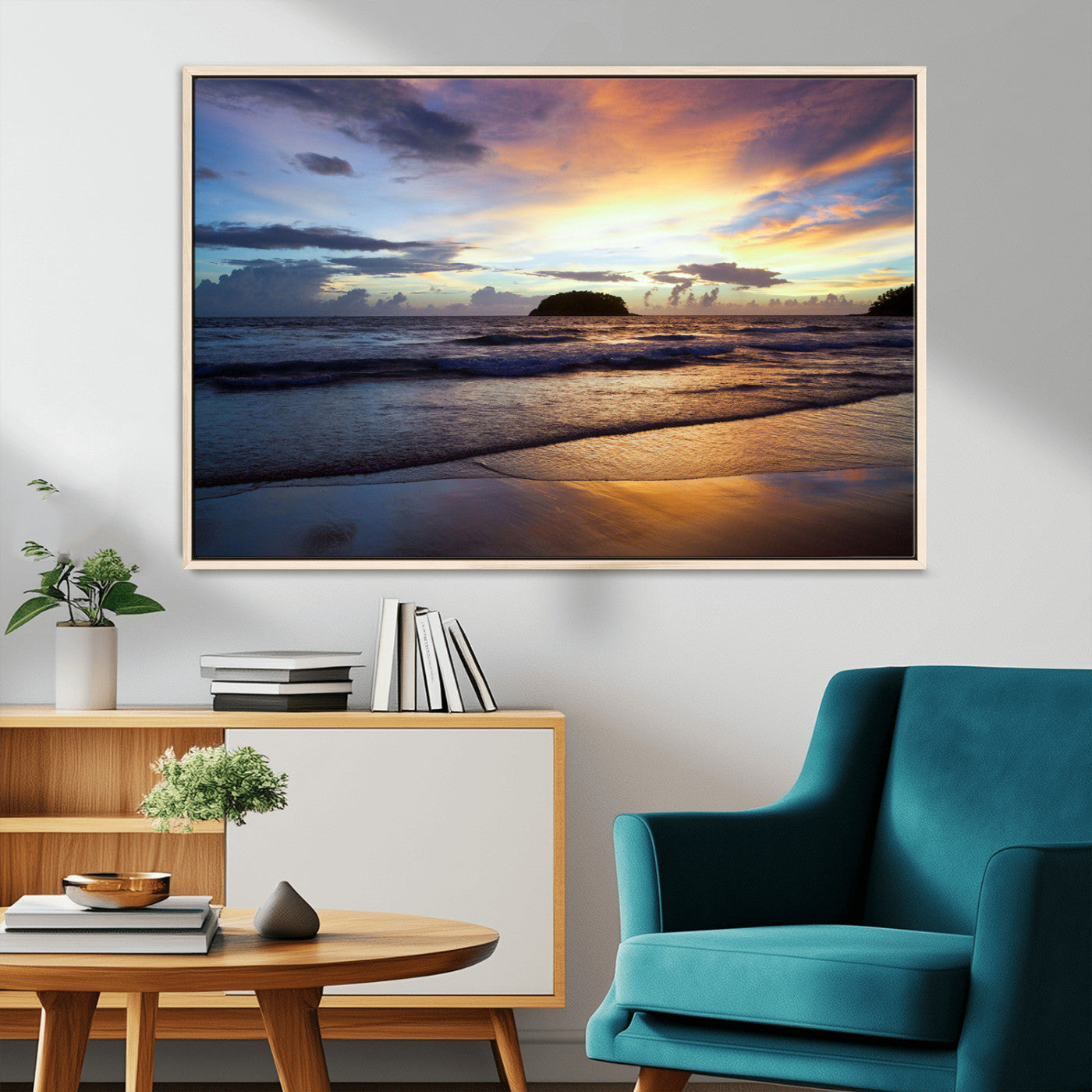 36714356-MGV-CV-36X24-Beach Sunset Wall Art Canvas Print, Framed Ocean Waves Art Picture Print, Tropical Seascape Perfect Coastal Serenity Decor Artwork