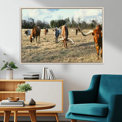 39144651-MGV-CV-36X24-Texas Longhorns Wall Art Canvas Print, Framed Rustic Farm Scene Art Picture Print, Western Cattle Perfect Rustic Farmhouse Decor