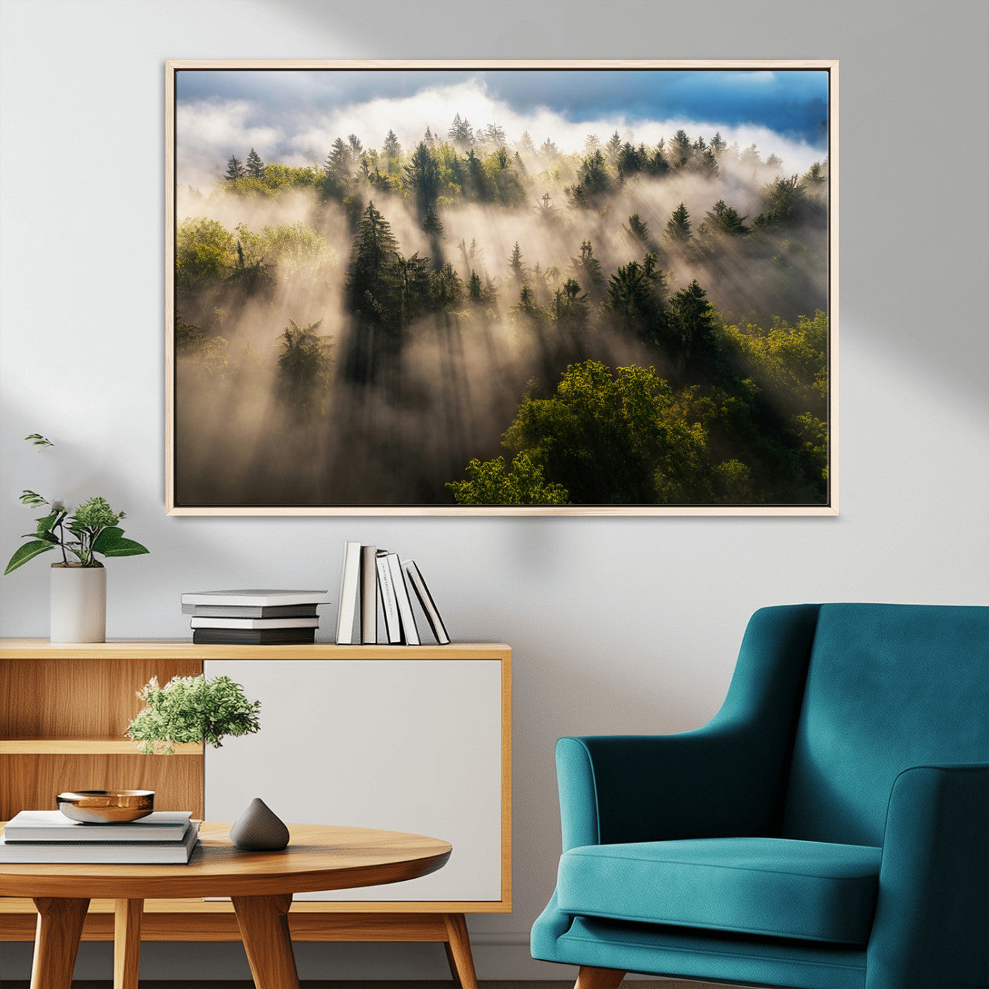 14785710-MGV-CV-36X24-Tranquil Forest Scene Wall Art Canvas Print, Framed Sunbeam Through Trees Art Picture Print, Moody Green Wall Art Perfect