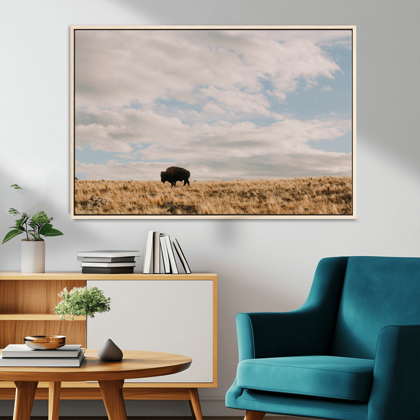 22754563-MGV-CV-36X24-Earthy Tones Wall Art Canvas Print, Framed Rustic Nature Art Picture Print, Solitary Buffalo Perfect Western Minimalist Decor