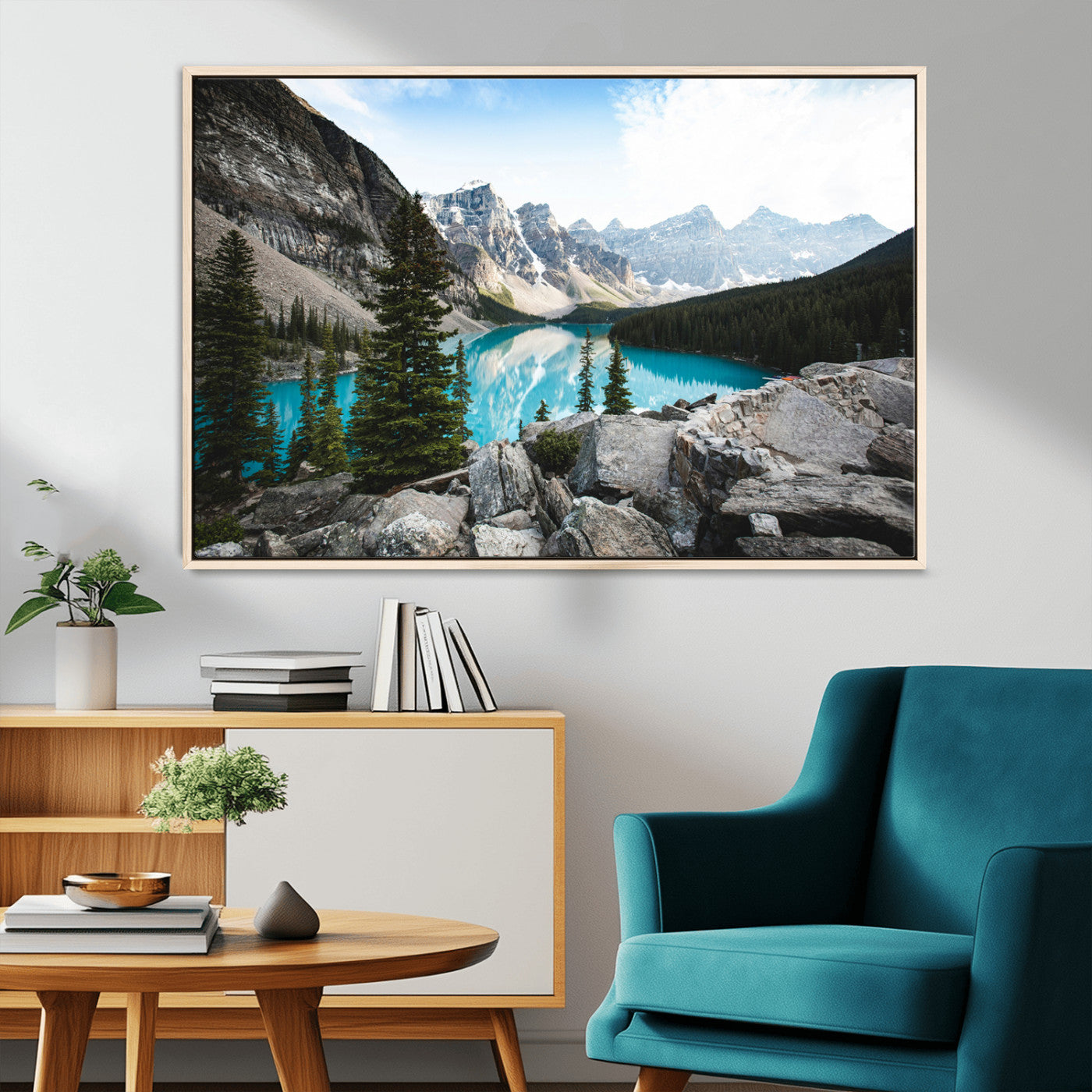 98014896-MGV-CV-36X24-Canadian Rockies Wall Art Canvas Print, Framed Mountain Landscape Art Picture Print, Turquoise Water Perfect Scandinavian
