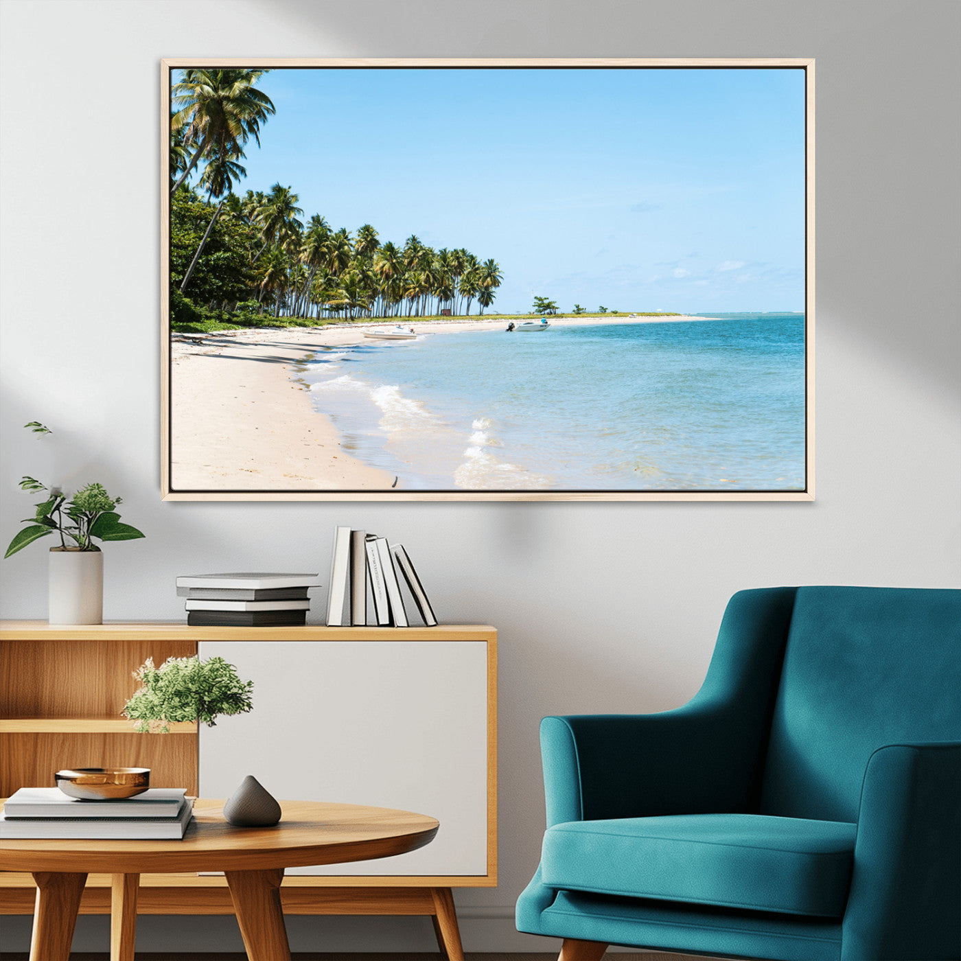 37858872-MGV-CV-36X24-Palm Tree Coast Wall Art Canvas Print, Framed Island Getaway Art Picture Print, Crystal Blue Water Perfect Tropical Coastal Decor