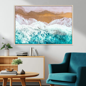 26870666-MGV-CV-36X24-Aerial Beach Wall Art Canvas Print, Framed Ocean Waves Art Picture Print, Coastal Landscape Perfect Coastal Minimalist Decor