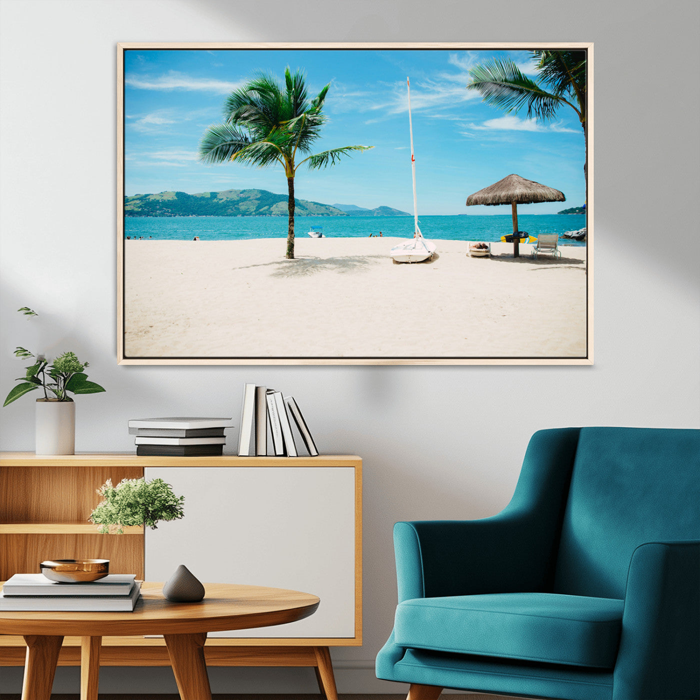 42623350-MGV-CV-36X24-Tropical Beach Wall Art Canvas Print, Framed Palm Tree Art Picture Print, Ocean View Perfect Tropical Coastal Decor Artwork