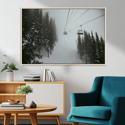 87018452-MGV-CV-36X24-Ski Lift Wall Art Canvas Print, Framed Snowy Pines Art Picture Print, Misty Landscape Perfect Winter Serenity Decor Artwork
