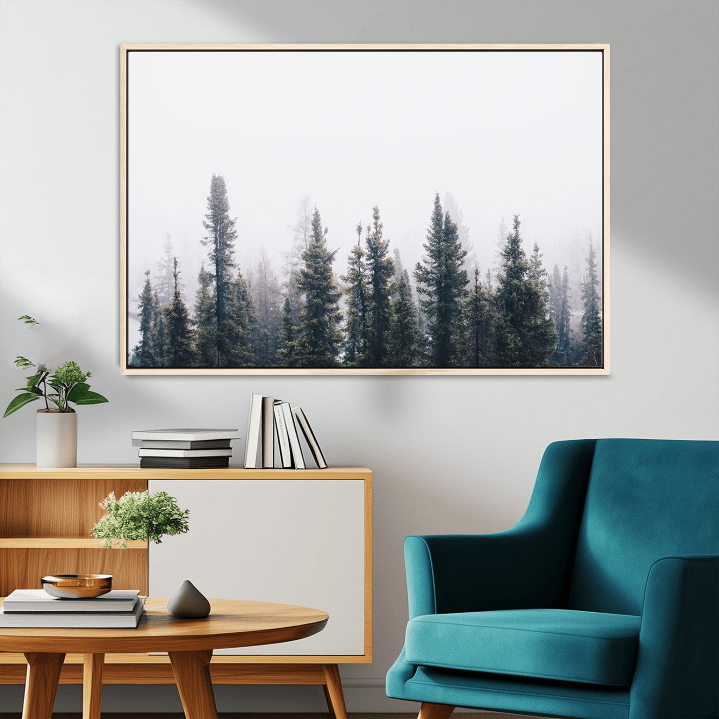 42364796-MGV-CV-36X24-Foggy Forest Wall Art Canvas Print, Framed Misty Pines Art Picture Print, Moody Woodland Perfect Scandinavian Minimalist Decor