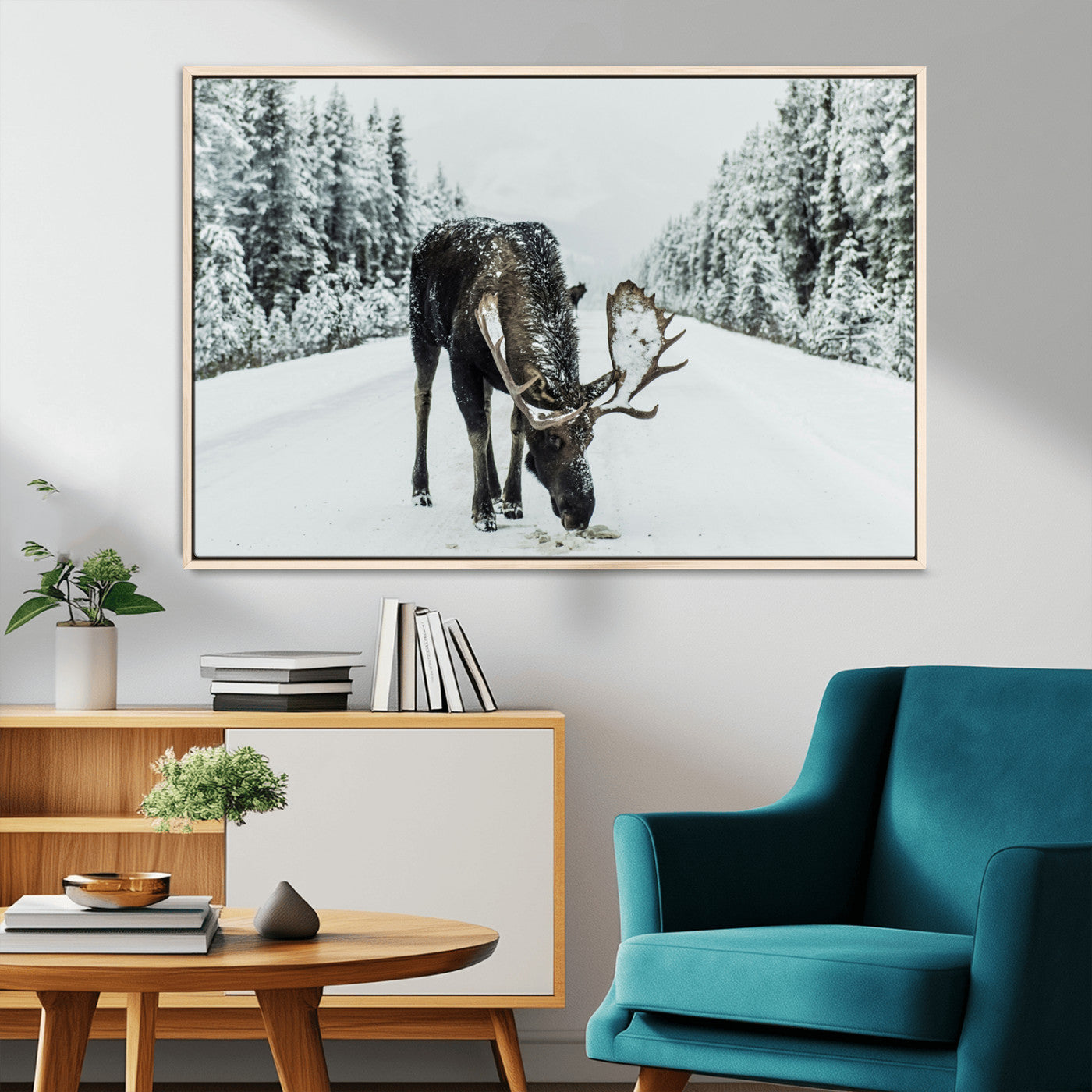 13316292-MGV-CV-36X24-Moose in Snow Wall Art Canvas Print, Framed Winter Wildlife Art Picture Print, Snowy Forest Scene Perfect Rustic Lodge Decor