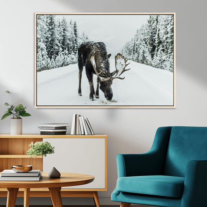 13316292-MGV-CV-36X24-Moose in Snow Wall Art Canvas Print, Framed Winter Wildlife Art Picture Print, Snowy Forest Scene Perfect Rustic Lodge Decor