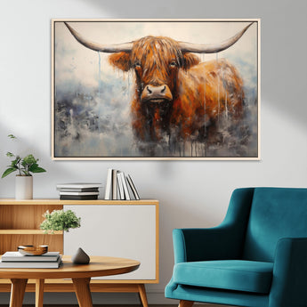 X61001-MGV-CV-36X24-Scottish Highland Wall Art Canvas Print, Framed Longhorn Art Picture Print, Western Cow Perfect Farmhouse Decor Artwork