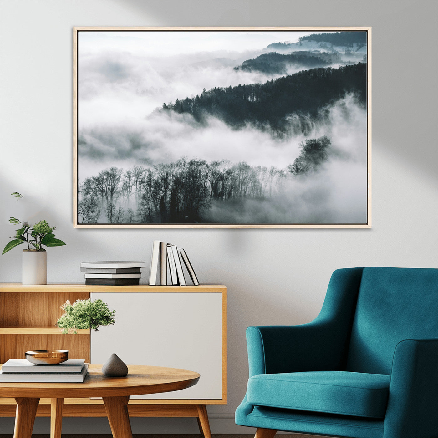 67569654-MGV-CV-36X24-Foggy Forest Wall Art – Mist Covered Hills and Trees Landscape Canvas Print, Moody Nature Photography Decor for Living Room,