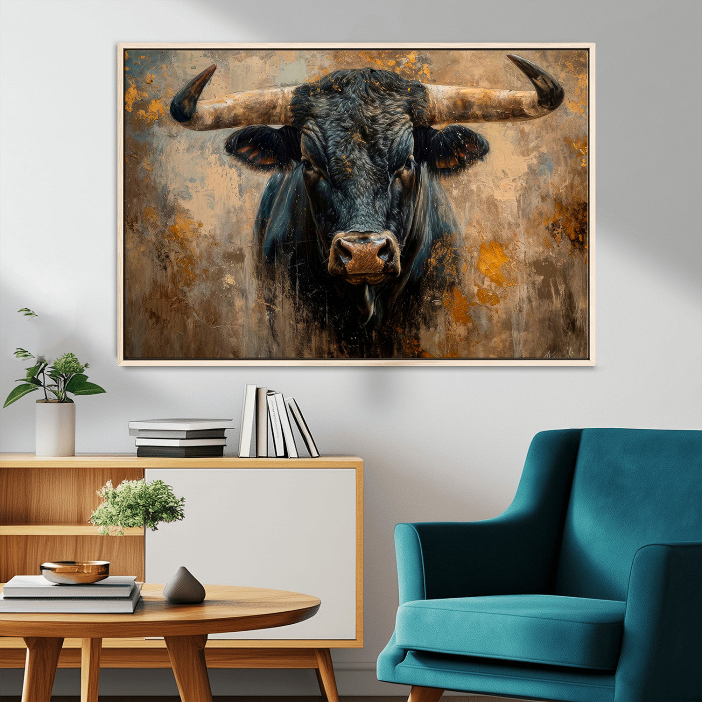 91615410-MGV-CV-36X24-Bull Wall Art – Rustic Western Longhorn Canvas Print, Powerful Abstract Animal Painting, Farmhouse Ranch Decor for Living Room,