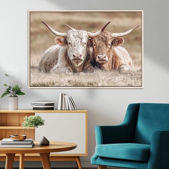 38651722-MGV-CV-36X24-Cow Wall Art – Rustic Longhorn Pair Canvas Print, Western Farmhouse Animal Painting, Country Ranch Decor for Living Room, Bedroom,