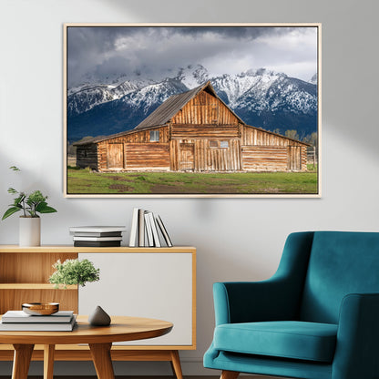 15173627-MGV-CV-36X24-Barn Wall Art – Rustic Wooden Cabin Canvas Print with Snowy Mountain Landscape, Western Farmhouse Country Decor for Living Room,