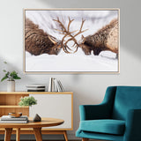 99240306-MGV-CV-36X24-Elk Wall Art – Two Bull Elk Fighting in Snow Canvas Print, Rustic Wildlife Artwork for Cabin, Lodge, Western Farmhouse, Nature &