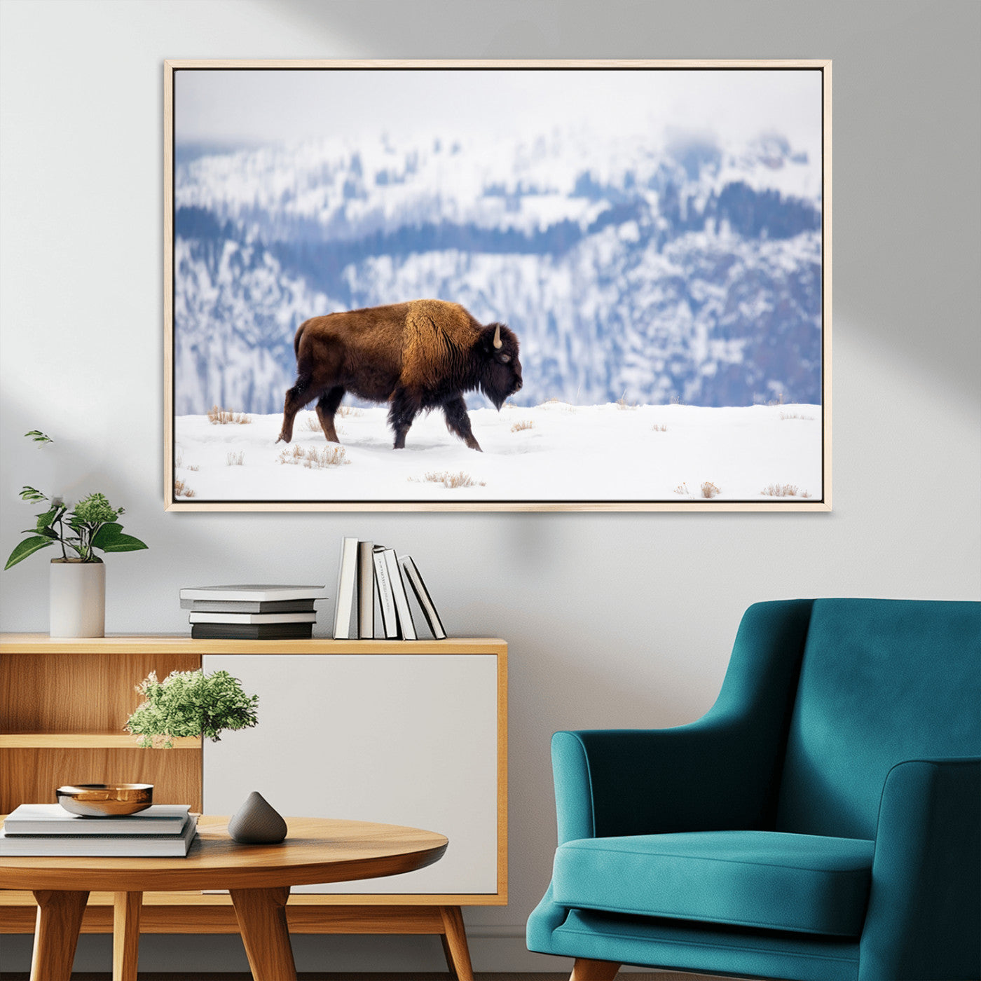 21623194-MGV-CV-36X24-Snow Bison Wall Art – Majestic Buffalo Wildlife Canvas Print, Winter Nature Décor for Rustic Living Room, Farmhouse, Cabin, Lodge