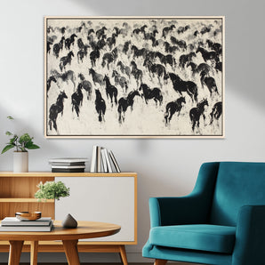 29265745-MGV-CV-36X24-Wild Horse Herd Wall Art – Black and White Galloping Horses Canvas Print, Rustic Western Farmhouse Décor for Living Room, Bedroom,
