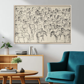 86653927-MGV-CV-36X24-Sketch Horse Herd Wall Art – Minimalist Wild Horses Line Drawing Canvas Print, Rustic Western Farmhouse Decor for Living Room,