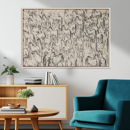 12358908-MGV-CV-36X24-Horse Herd Sketch Wall Art – Abstract Wild Horses Line Drawing Canvas Print, Rustic Western Style Equestrian Decor for Living