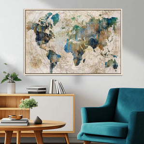 41284219-MGV-CV-36X24-Vintage World Map Wall Art – Rustic Travel Inspired Canvas Print, Antique Style Global Map Artwork for Living Room, Office, Study