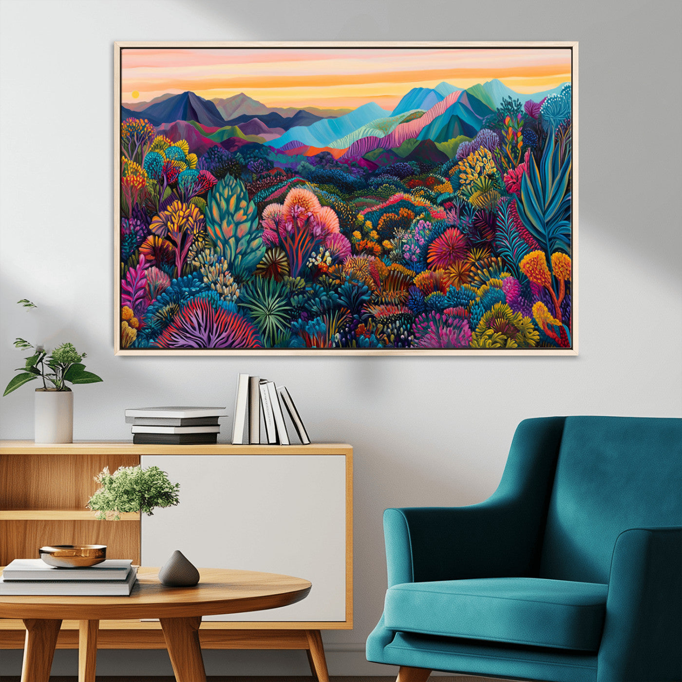 88685101-MGV-CV-36X24-Colorful Mountain Landscape Wall Art – Vibrant Nature Canvas Print, Sunset Forest Artwork for Living Room, Bedroom, Office, Boho