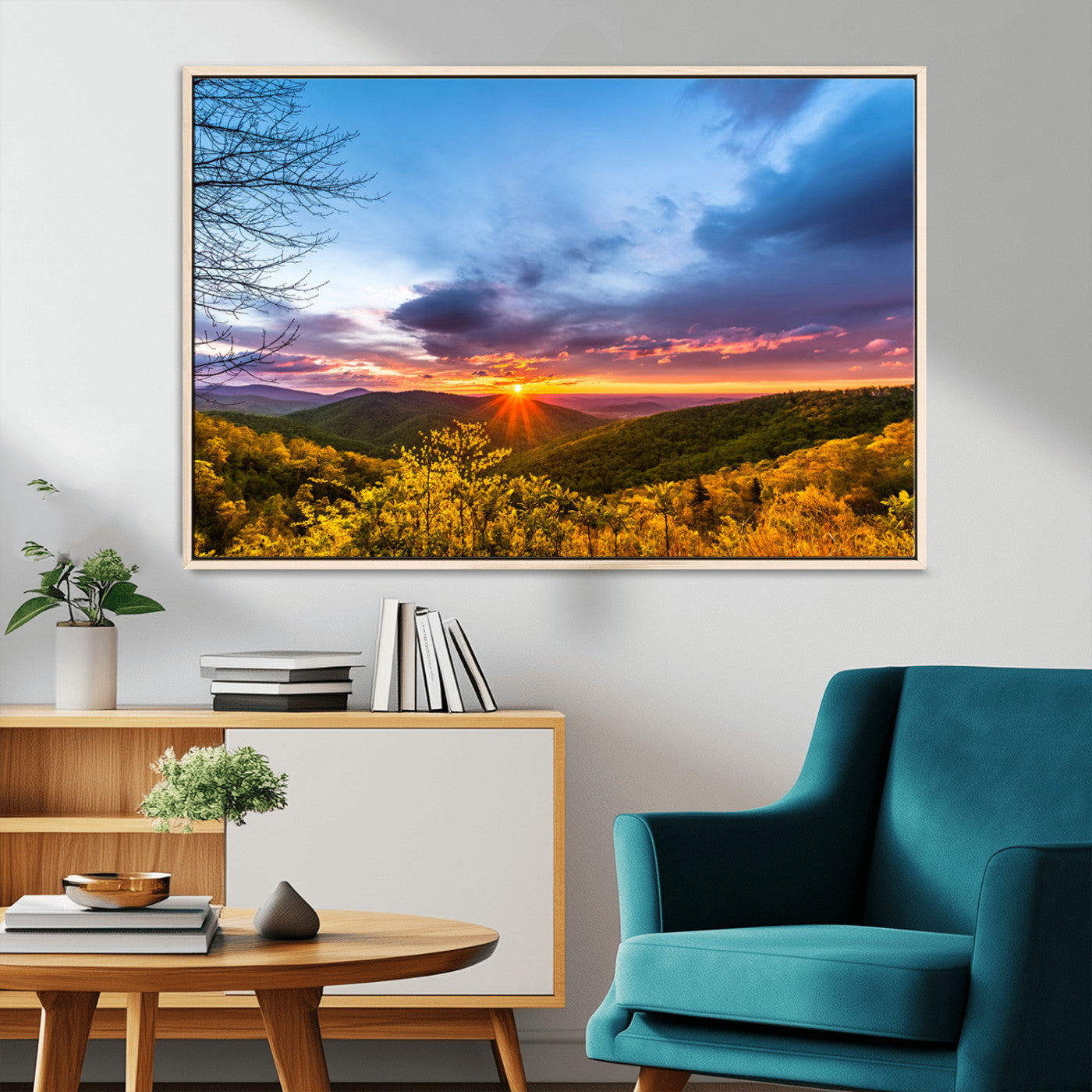 25786346-MGV-CV-36X24-Sunset Over Mountains Wall Art – Nature Landscape Canvas Print, Golden Hour Forest Photography, Scenic Sunrise Artwork for Living