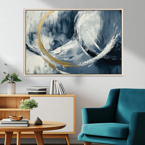 97295757-MGV-CV-36X24-Abstract Blue and Gold Wall Art – Modern Luxury Canvas Print, Navy White Brushstroke Painting, Contemporary Living Room Office