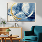 42475677-MGV-CV-36X24-Blue and Gold Abstract Wall Art – Modern Luxury Canvas Print, Navy White Brushstroke Painting, Contemporary Home Office Living
