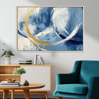42475677-MGV-CV-36X24-Blue and Gold Abstract Wall Art – Modern Luxury Canvas Print, Navy White Brushstroke Painting, Contemporary Home Office Living