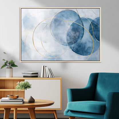 47060443-MGV-CV-36X24-Blue Abstract Circle Wall Art – Modern Gold and Navy Canvas Print, Minimalist Geometric Painting for Living Room, Bedroom, Office