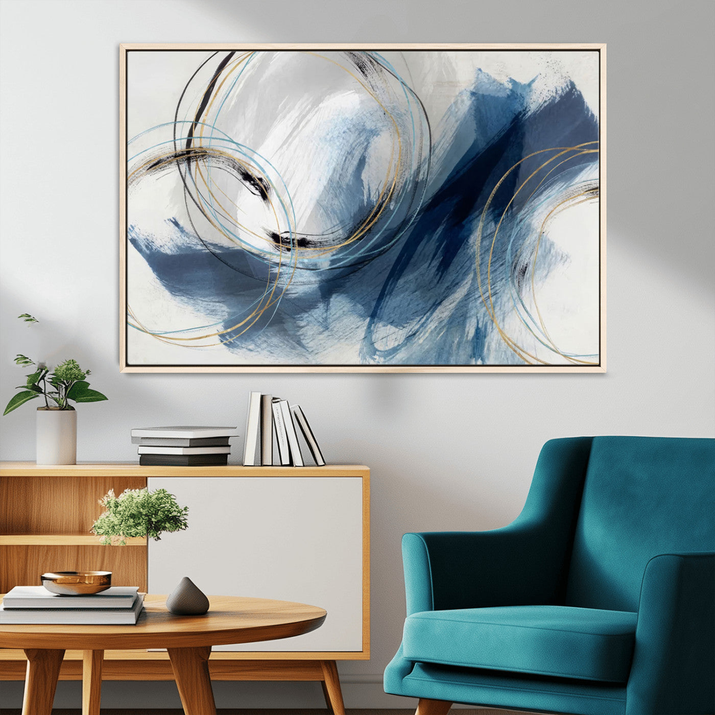 49589477-MGV-CV-36X24-Blue Abstract Wall Art – Modern Circle Canvas Print with Gold and Black Accents, Contemporary Fluid Brushstroke Painting for
